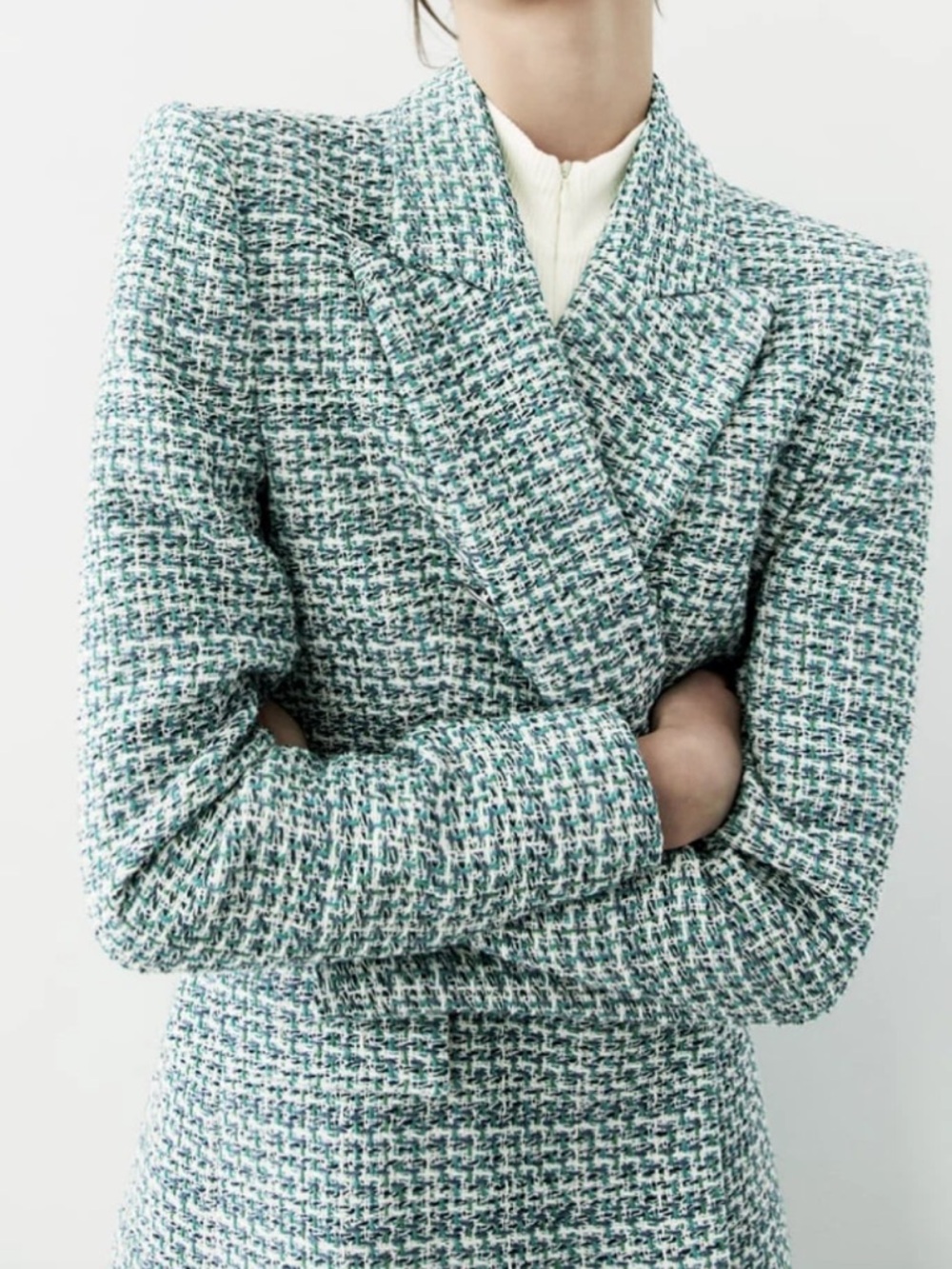 Zara Tweed Textured Double Breasted Blazer ! Size S Blue/Green - Picture 3 of 6